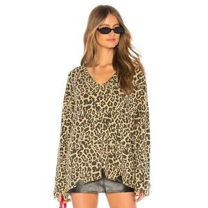 LNA Size XS Leopard Bitten Brushed Sweater Knit V-Neck Long Sleeve Pullover